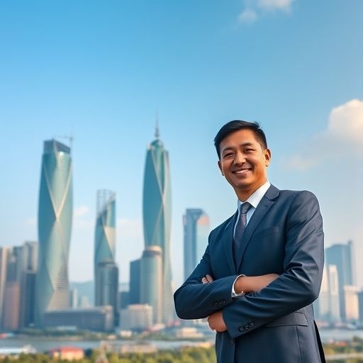 深圳中圈经纪人站在现代化天际线前