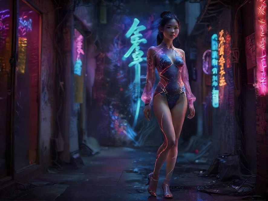 城市夜景中霓虹灯闪烁的娱乐场所入口，氛围感十足