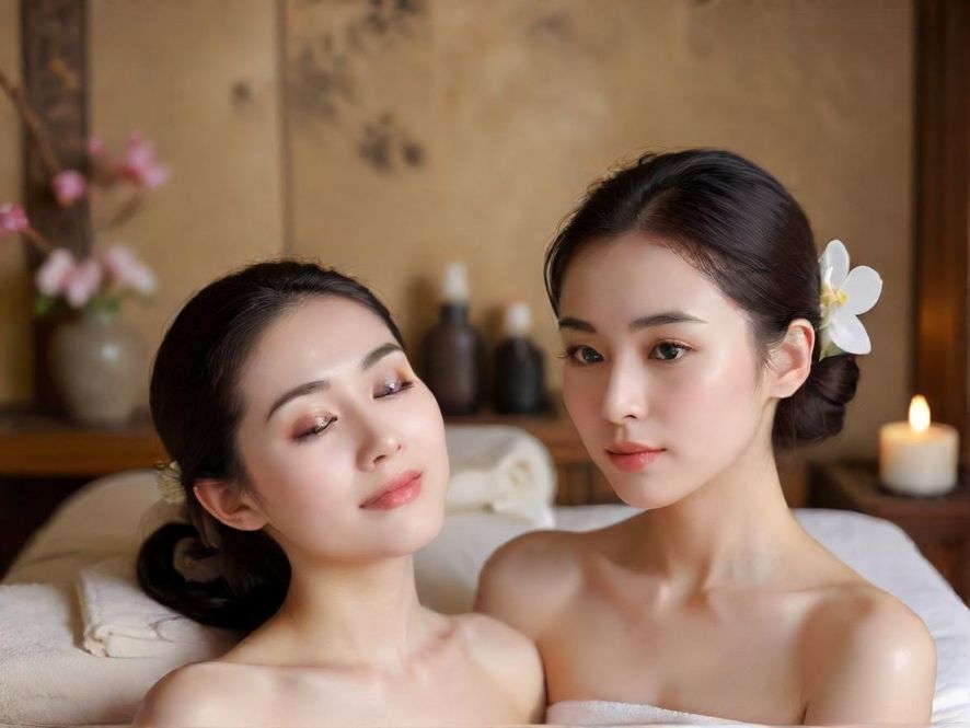 一位优雅的女性在舒适的SPA环境中放松，周围是奢华的装饰和柔和的灯光，营造出宁静的氛围。