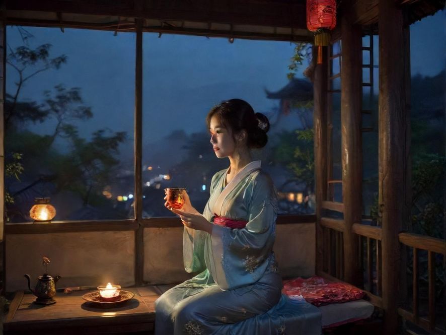 深圳罗湖区一间装潢雅致的茶室，透过窗户可看到罗湖的夜景，室内灯光柔和，氛围静谧。