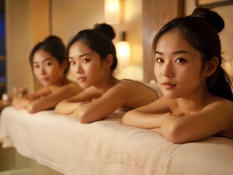 专业按摩师正在为顾客进行背部按摩，特写镜头展现了精油和手法，背景是宁静的水疗中心。