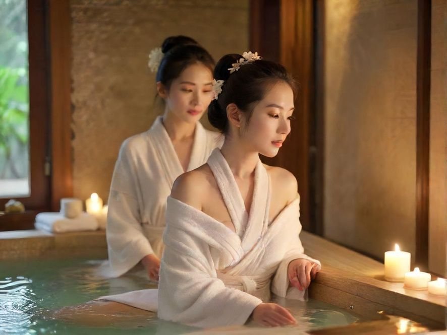 一位按摩师正在为客人进行专业按摩的特写镜头，展现SPA理疗室的氛围。