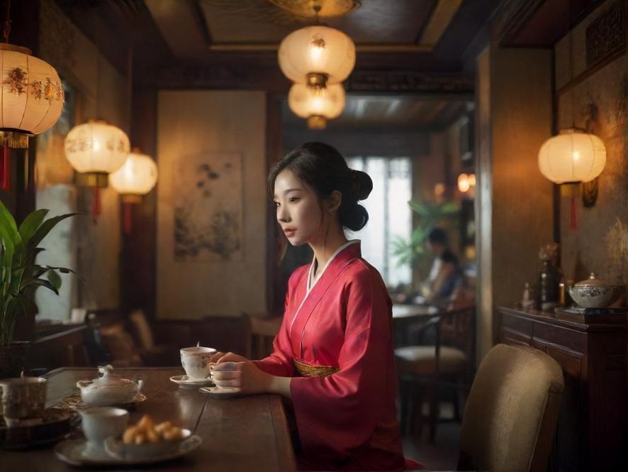 一间充满东方韵味的广州茶室，木质家具与柔和灯光营造出温馨宁静的氛围。