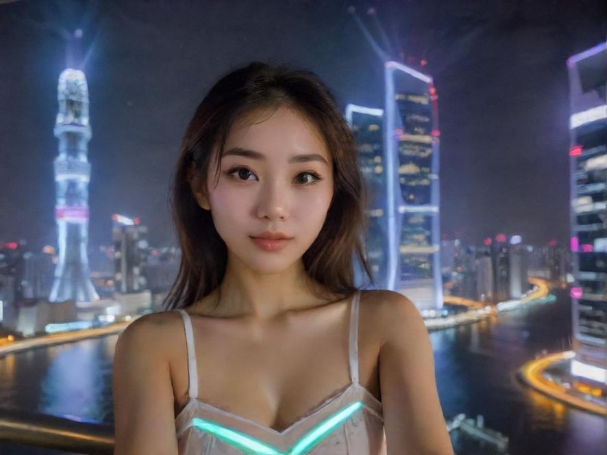 手机聊天界面，背景是深圳璀璨夜景