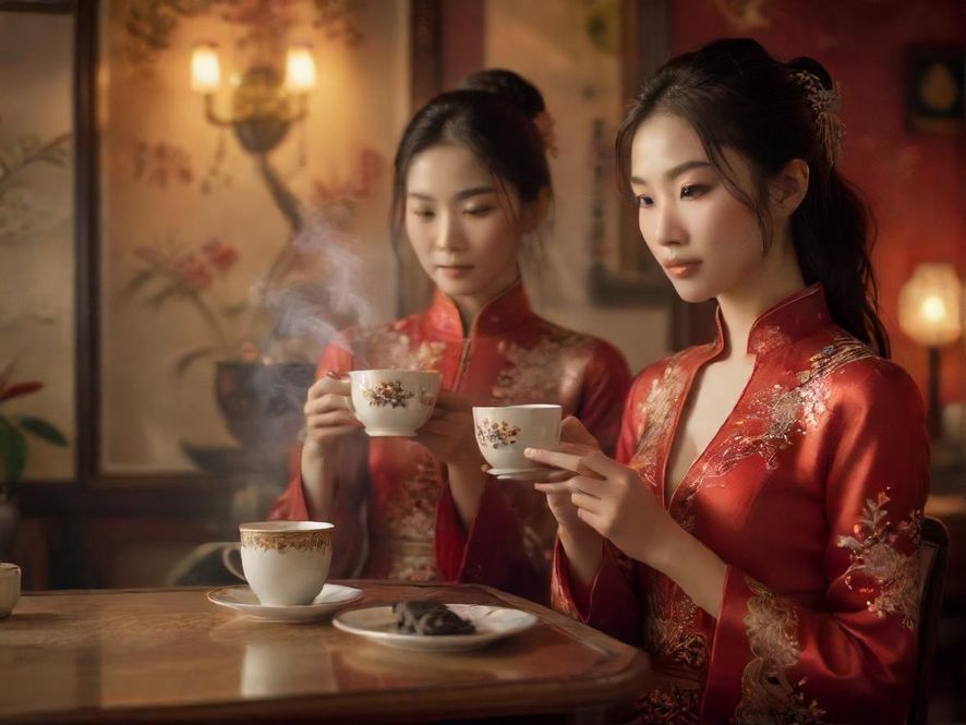 在舒适的茶室环境中，一杯热茶旁边放着一部亮着屏幕的手机，暗示着微信预约的场景