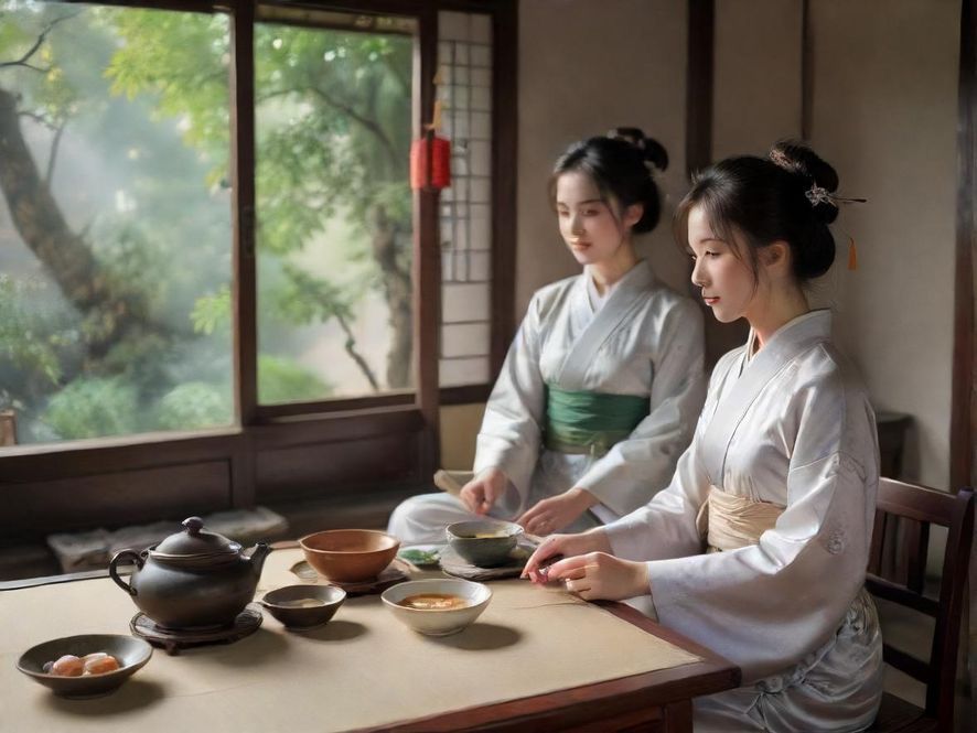 一间布置典雅，充满东方韵味的茶室内部景观