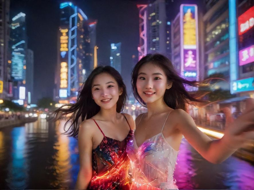 广州海珠区夜景，流光溢彩的城市街道