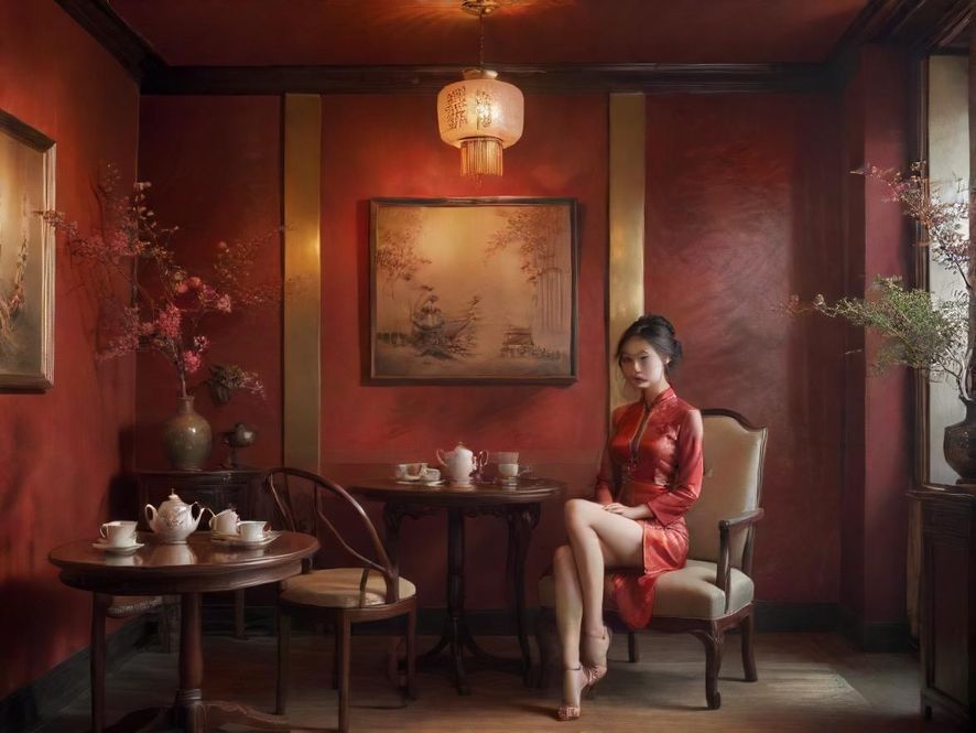 一间布置温馨、光线柔和的精致茶室