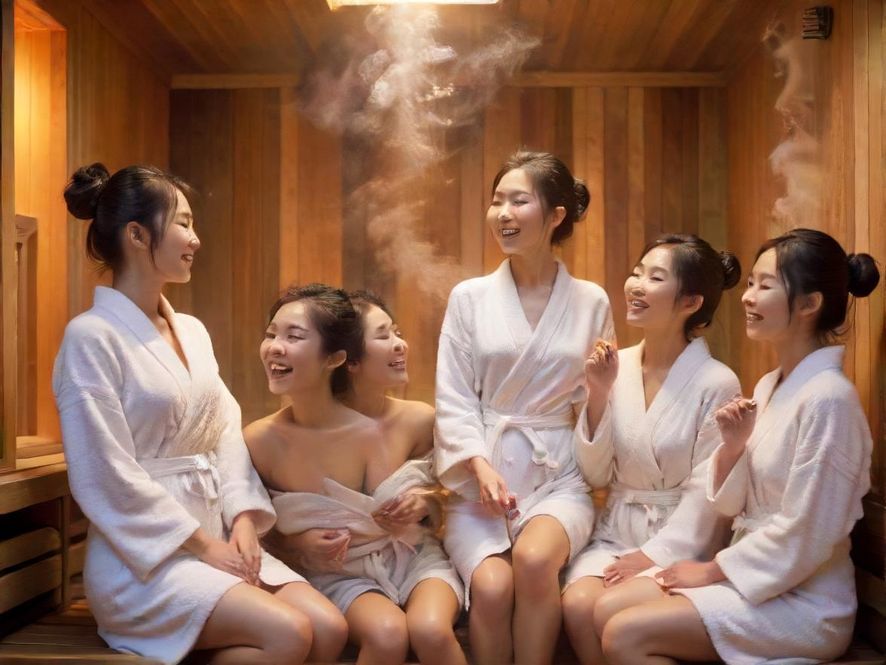 朋友们在桑拿房内放松聊天，表情轻松愉悦，蒸汽缭绕