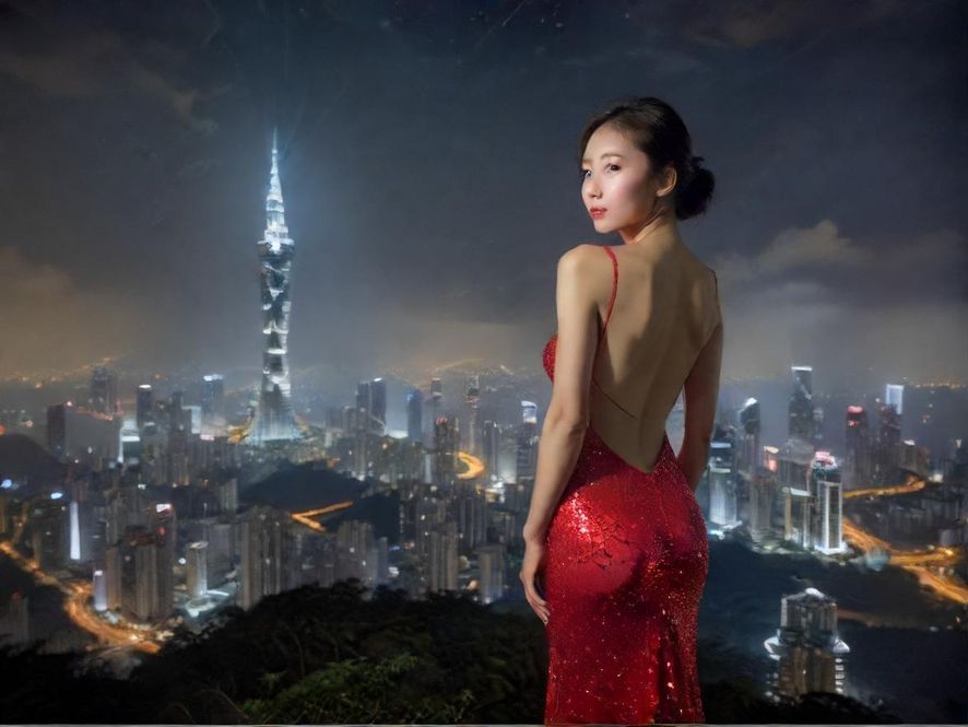 深圳城市夜景，灯光璀璨，高楼大厦林立，广角镜头捕捉城市天际线，呈现繁华景象。