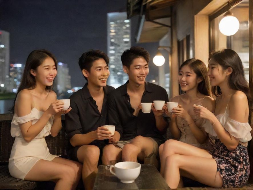 两位年轻人坐在窗边，手持茶杯，面带微笑地交谈，背景是城市的模糊街景，氛围轻松自然。