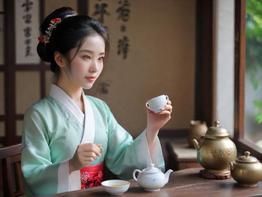 一套精致的茶具摆放在桌上，背景是柔和的房间光线，营造出私密舒适的氛围。
