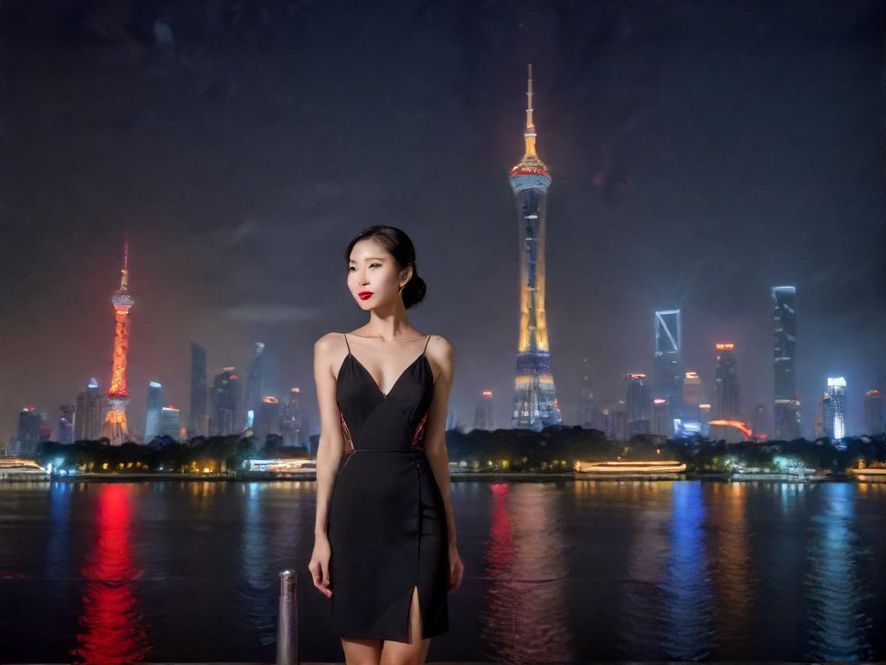 广州夜景，远处是广州塔，近处是璀璨的城市灯光，营造出休闲放松的氛围。