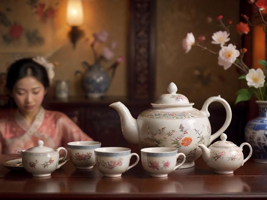 精致的中式茶具摆放在桌上，背景是私密会所的包间，暗示着某种休闲体验