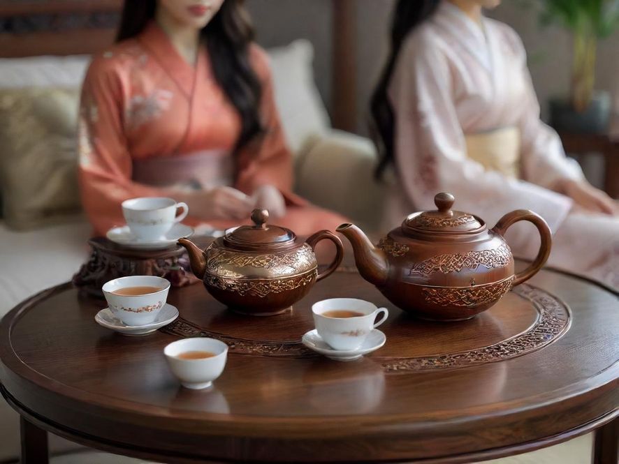 一套精美的高端紫砂茶具，茶壶、茶杯、公道杯在木质茶几上整齐摆放，光线从侧面打入，呈现出细腻的质感和艺术美感，茶汤色泽诱人。