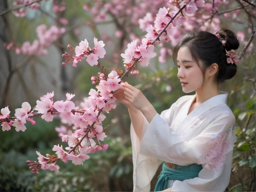 一位少女背对镜头，置身于广州Qw百陌花的绚烂花海中，阳光洒在她身上，画面充满唯美日系风格。