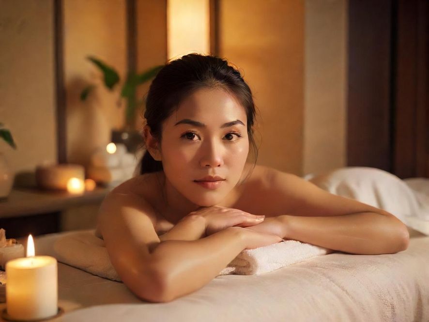 一位专业的按摩师正在为顾客进行面部护理，专注于细节，营造温馨放松的氛围