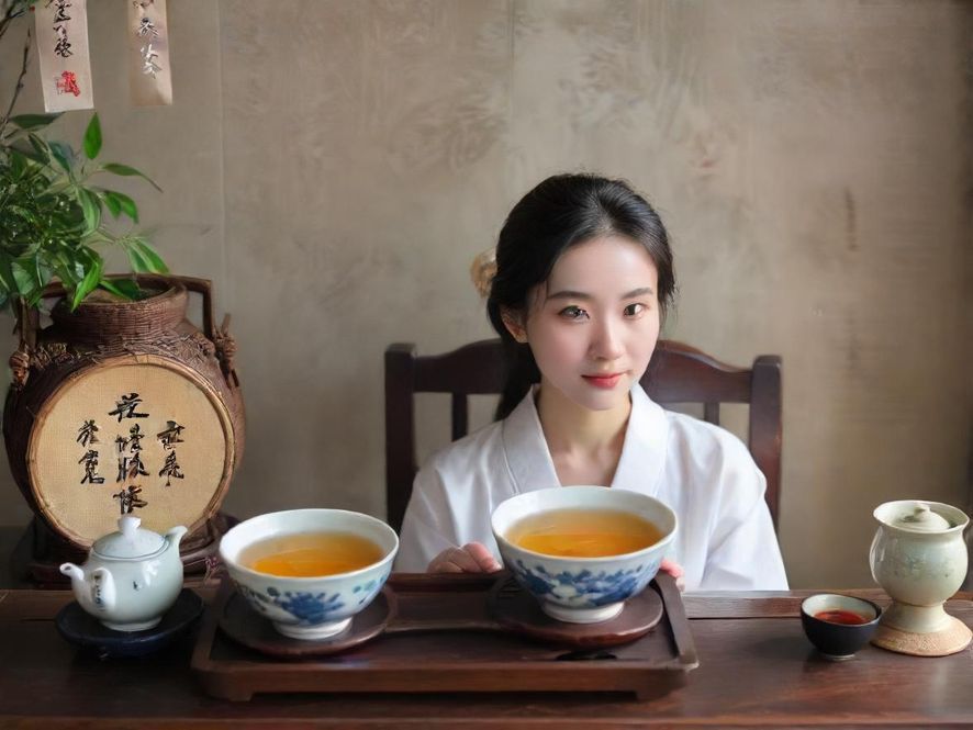 在温馨雅致的茶室中，一位女士正在专注于品茶，茶具精美，光线柔和，营造出宁静舒适的氛围。