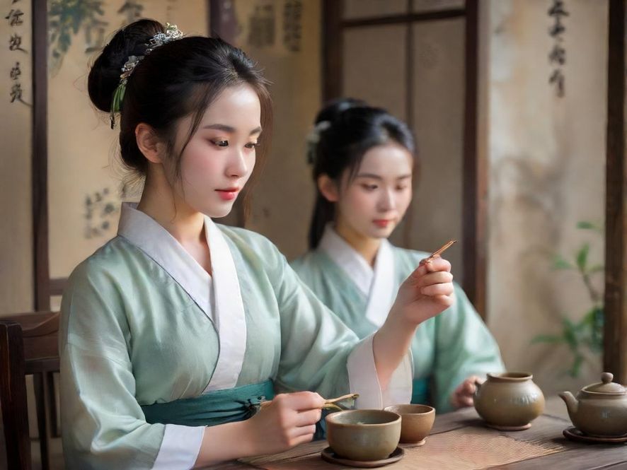 在石岩一间宁静的茶室里，一位身姿优雅的女性背对着窗户，手持茶杯，侧面轮廓在朦胧的光线中显得格外知性与从容。