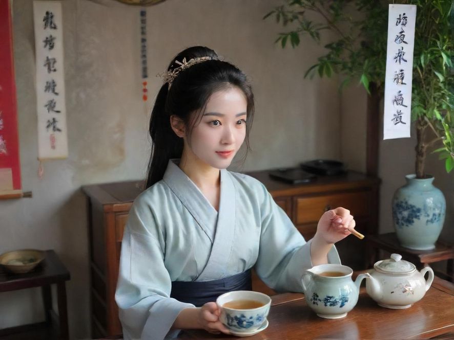 一位优雅的深圳美女在柔和的光线下，于私密茶室中专注地进行泡茶仪式