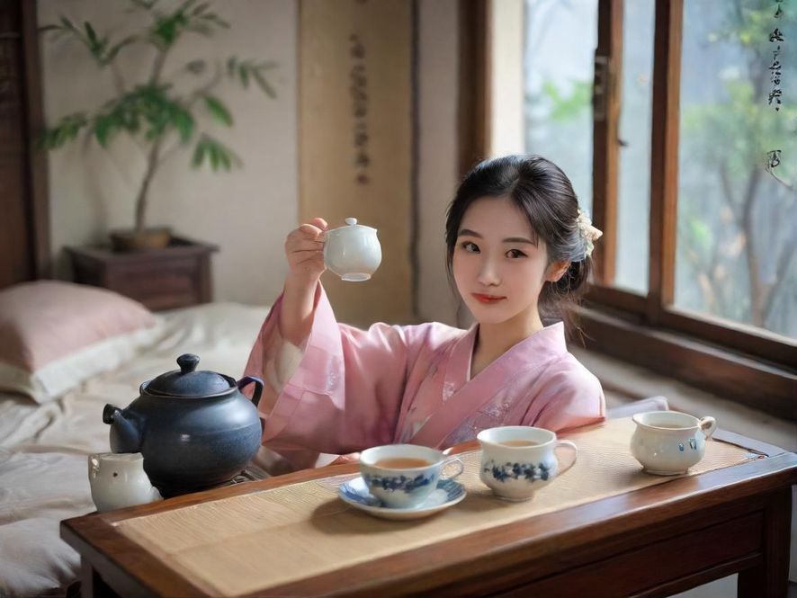 一位气质优雅的女士在广州古典茶馆中品茶,侧面特写,光线柔和