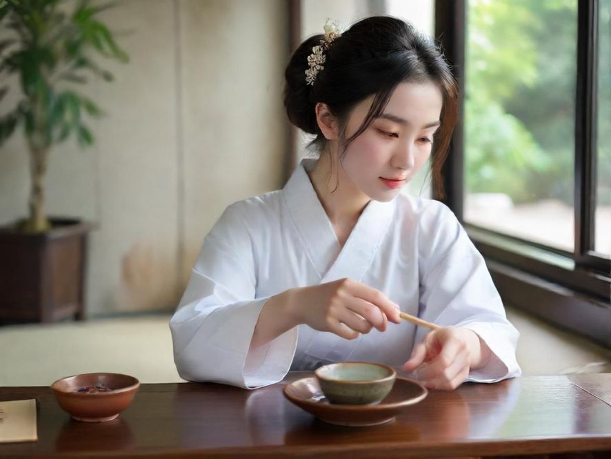 一位身着古风服饰的女子，在古典庭院的温馨茶室中侧身而坐，手持茶杯，神情宁静，背景是雅致的亭台楼阁和翠绿的竹林，营造出一种超凡脱俗的唯美意境。