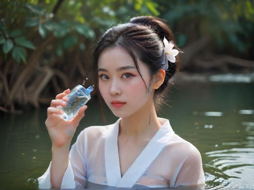 一位女士在雾气缭绕的水池边享受水疗，背影展现出放松与宁静的美感