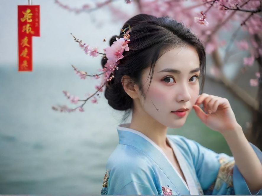 一位年轻女性在阳光明媚的海滩上，面对日出，以广角镜头捕捉她做瑜伽的平静瞬间。