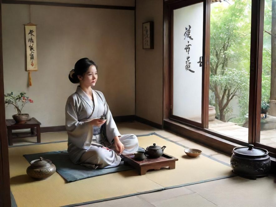 一位女士在雅致的茶室中品味香茗,享受宁静的午后时光