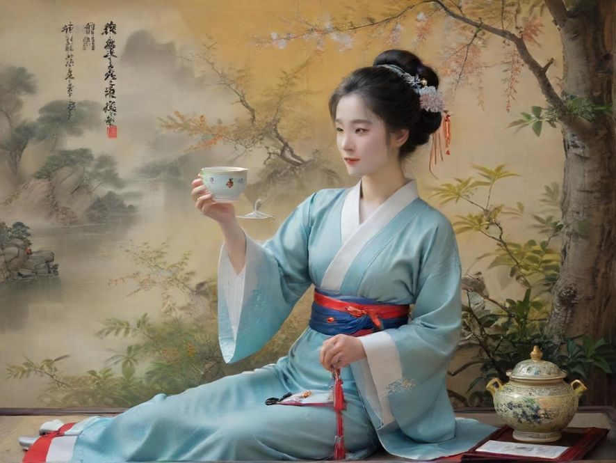 一位优雅女士在高端休闲空间中，手持茶杯，面带微笑，正在品茶细语，光线柔和温馨